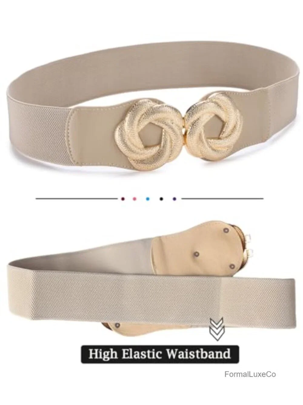 Wide Elastic Waist Belt with Gold Flower Buckle Stretchy Dressy Fashion Belt